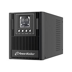 Black PowerWalker VFI 1000 FR Uninterruptible Power Supply (UPS) with a digital display, featuring a sleek design, ventilation grilles, and the PowerWalker logo prominently displayed.