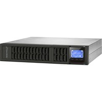 Black PowerWalker UPS with LCD display and vented front panel, rectangular design.