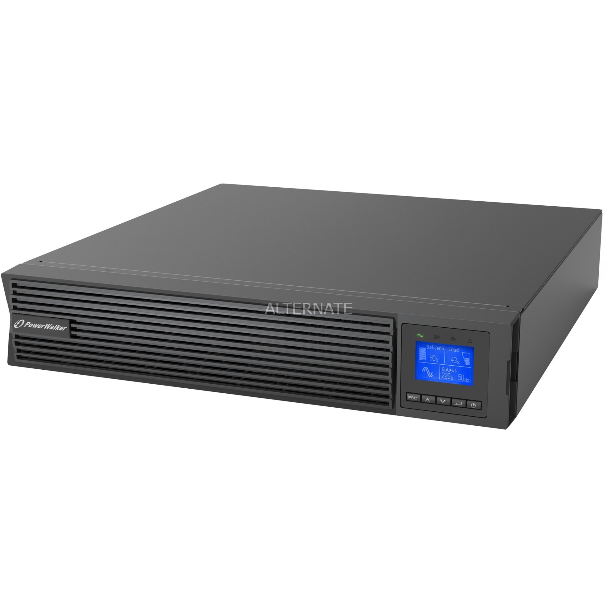 Black metal uninterruptible power supply (UPS) with a sleek design, featuring a blue LCD display showing battery status and input/output information, and multiple control buttons.