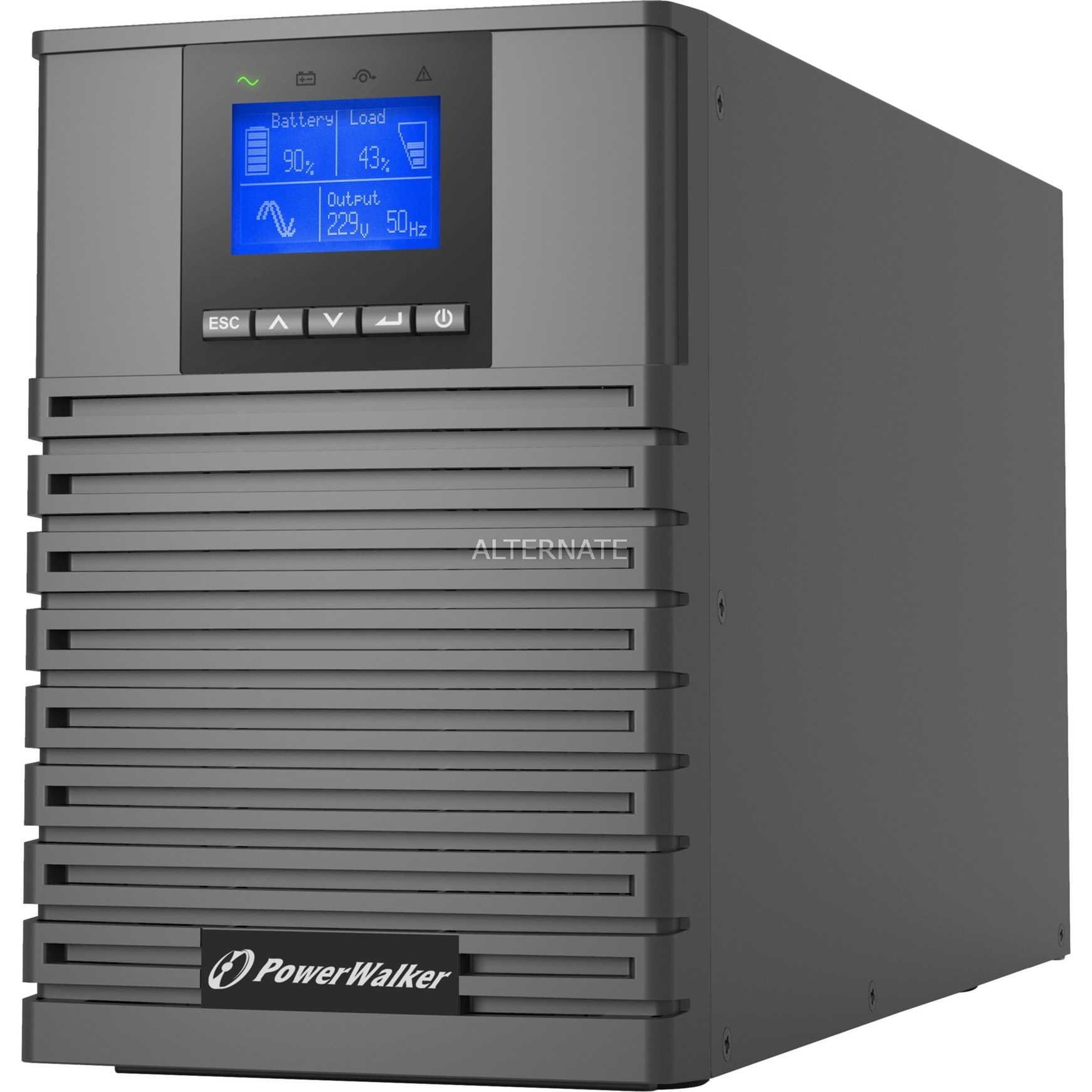 Black metal uninterruptible power supply with a digital display showing battery load and output, featuring a sleek design with horizontal ventilation slits and control buttons.