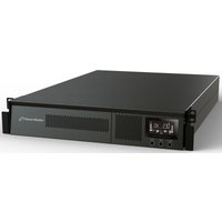 Black PowerWalker UPS with LCD display, rack-mountable design, and ventilation grilles on the front panel.