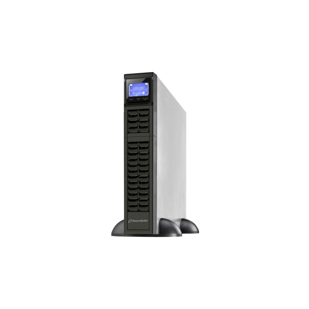 Black and silver PowerWalker VFI 1000CRM LCD Uninterruptible Power Supply with a digital display and multiple ventilation slots, designed for reliable power backup.