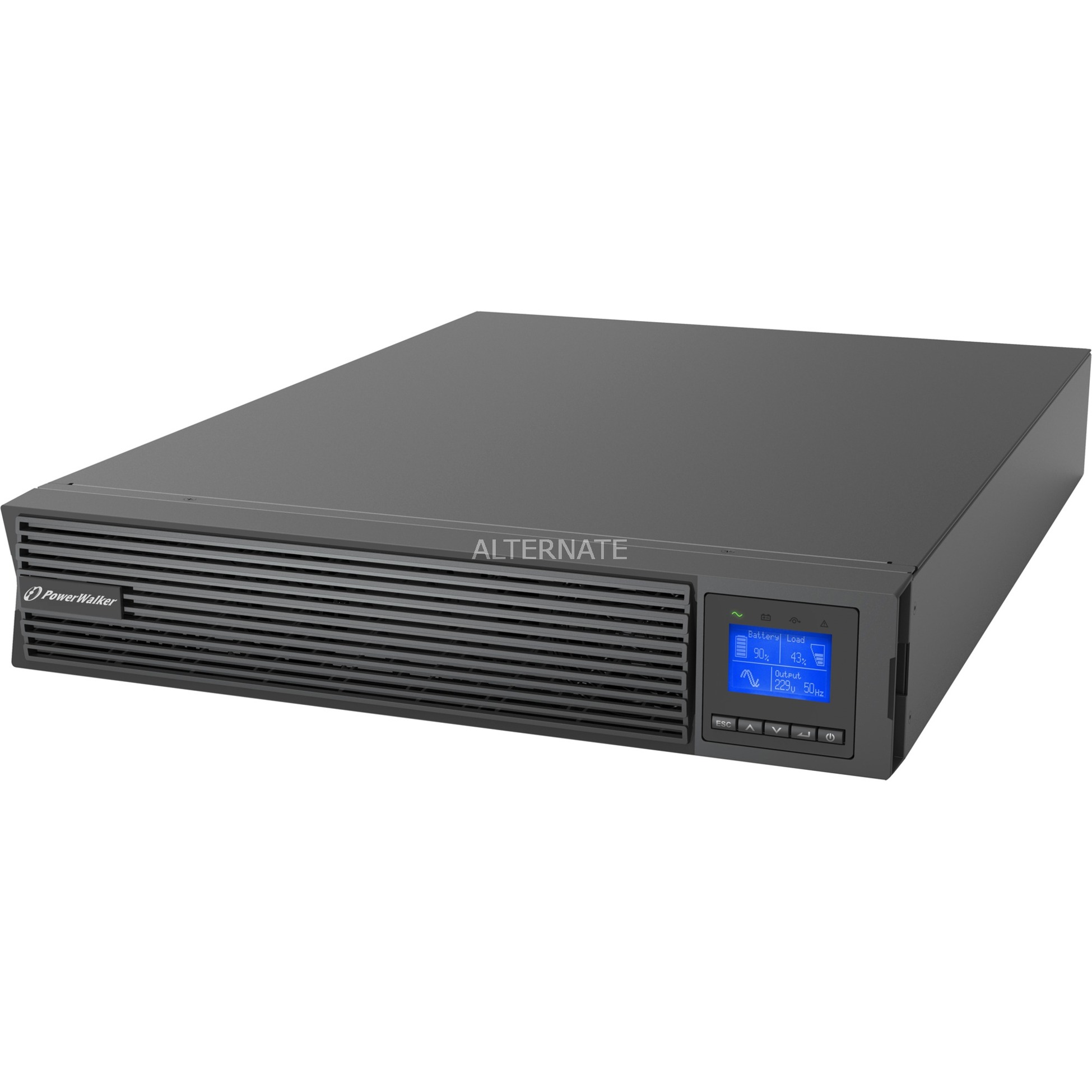 Black uninterruptible power supply (UPS) with a sleek design, featuring a digital display and control buttons, designed for reliable power backup and IoT connectivity.