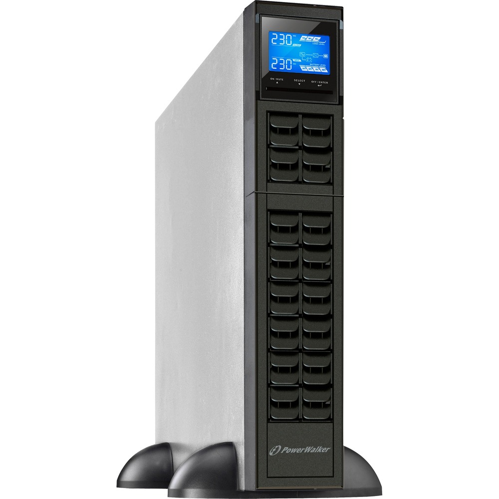 Black and silver PowerWalker VFI 2000CRM LCD Uninterruptible Power Supply with a digital display, multiple outlet ports, and a sturdy design for reliable power backup.