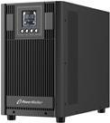 Black PowerWalker VFI 3000 Uninterruptible Power Supply with a digital display and control buttons, featuring a sleek, modern design and ribbed side panels for ventilation.