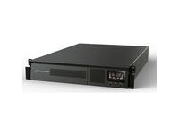 Black PowerWalker VFI 3000 RMG PF1 Uninterruptible Power Supply with a sleek design, front display panel, and multiple input/output ports for reliable power protection.