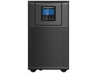 PowerWalker VFI 3000 TGB UPS in black with a textured surface, featuring a blue LCD display and control buttons on the front for monitoring and operation.