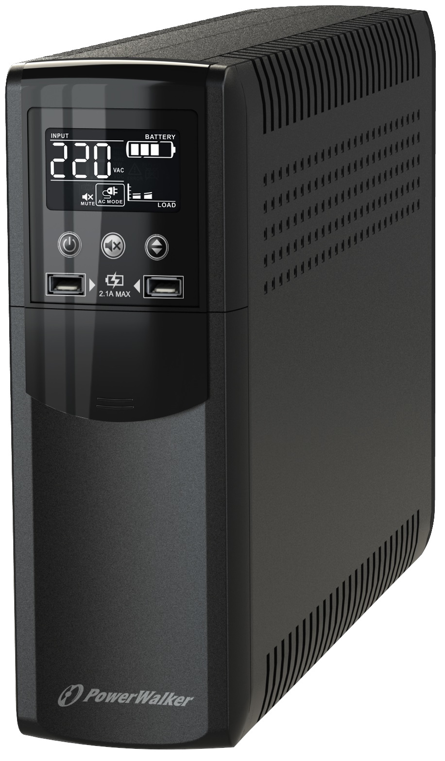 Black PowerWalker VI 1000 CSW UPS with a sleek design, digital display showing input voltage, and USB ports, offering 1kVA / 600W pure sine wave output.