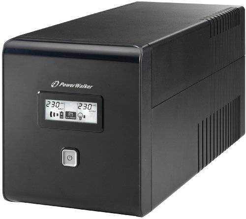 Black PowerWalker VI 1000 LCD Uninterruptible Power Supply with a digital display showing voltage, a power button on the front, and ventilation slits on the side.