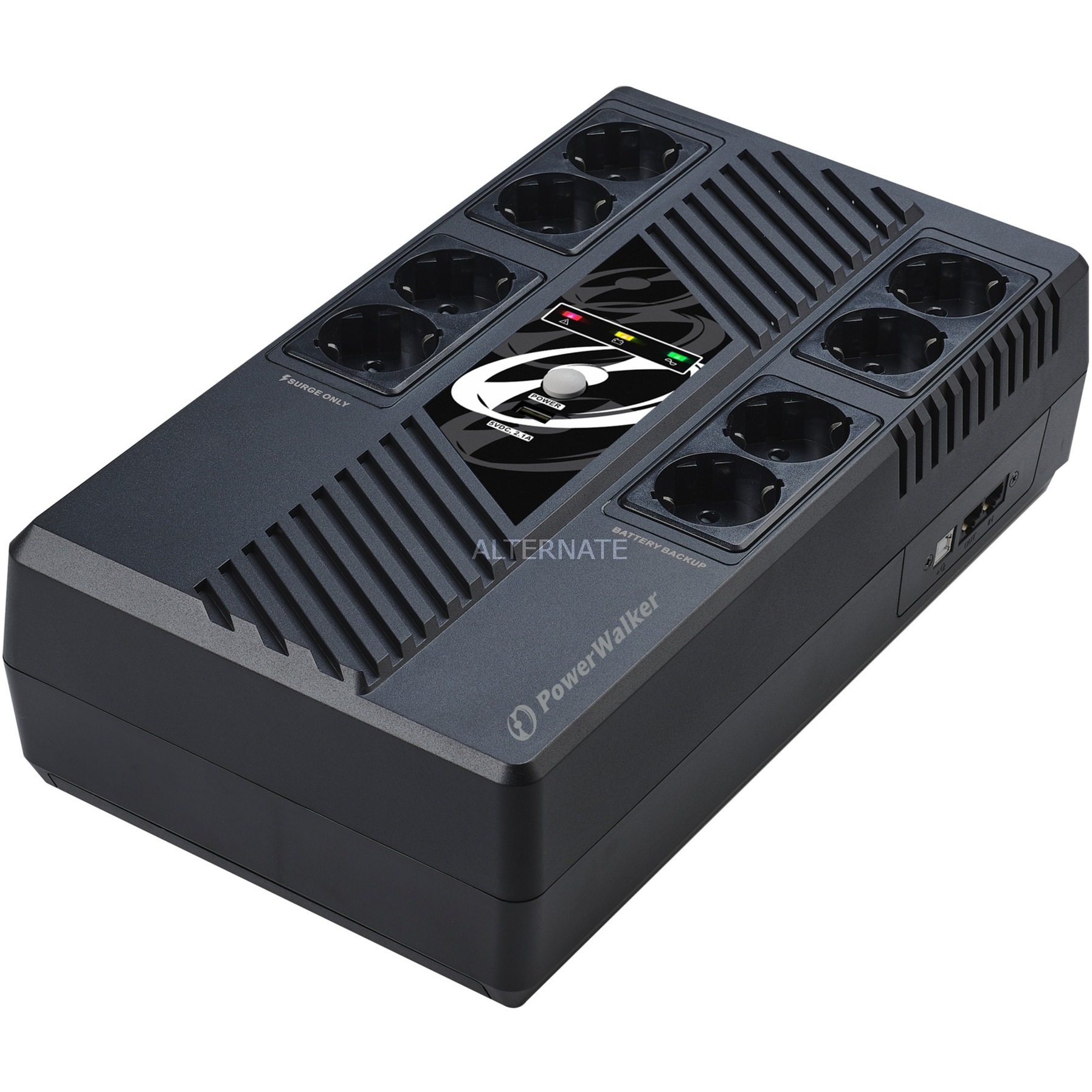 Black PowerWalker VI 1000 MS Uninterruptible Power Supply with multiple outlets, LED indicators, and a sleek design featuring a textured surface and a central control panel.