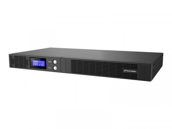 Black PowerWalker VI 1000 R1U Uninterruptible Power Supply with a sleek design, featuring a digital display showing input/output voltage and a front ventilation grille.