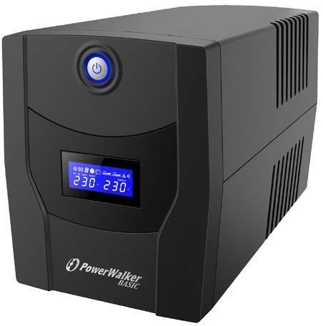 Black PowerWalker VI 1000 STL Uninterruptible Power Supply featuring a blue power button and a digital display showing voltage levels.