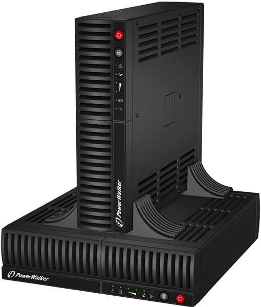 Black PowerWalker VI 1000RT LCD Uninterruptible Power Supply with a sleek design, featuring ventilation grilles, LED indicators, and a compact base for stability.