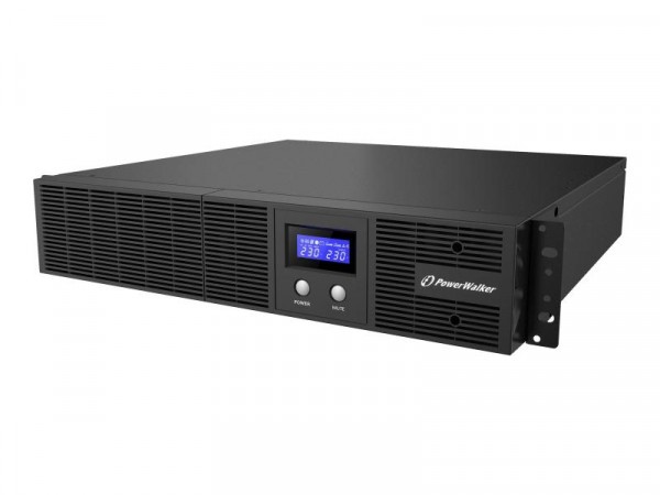 Black metal power supply unit with a digital display, featuring four AC outlets, ventilation grilles, and a sleek design, labeled with the PowerWalker logo.