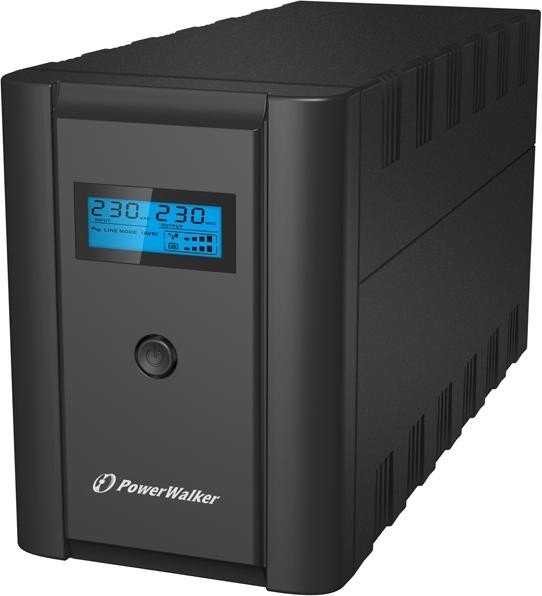 Black PowerWalker VI 1200 SHL UPS with a digital display showing voltage, featuring a sleek design and ventilation grooves on the sides for efficient cooling.