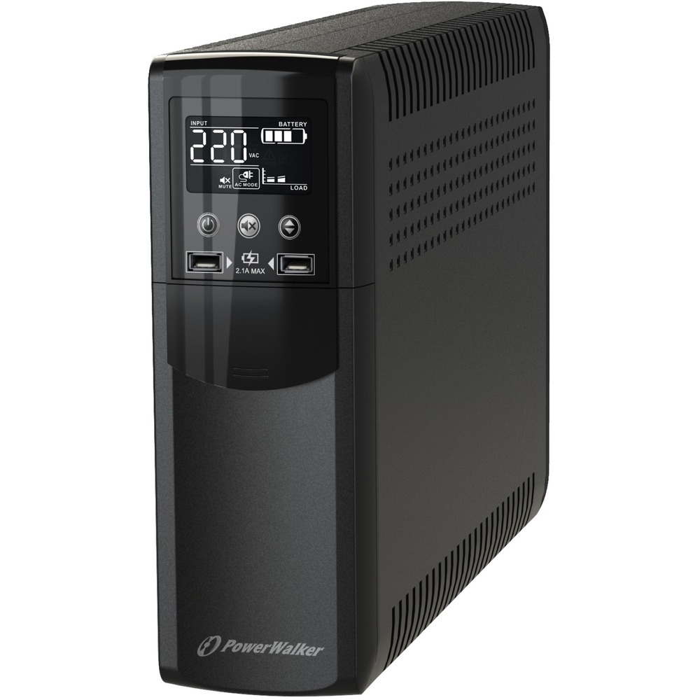 Black PowerWalker VI 1500 CSW Uninterruptible Power Supply with a digital display, multiple ports, and a sleek, ventilated design for efficient power management.