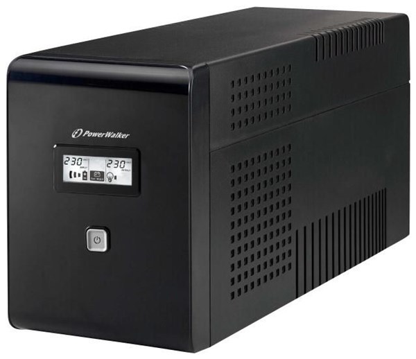 Black PowerWalker VI 1500 LCD Uninterruptible Power Supply featuring a digital display, power button, and ventilation slots, designed for 1.5 KVA capacity.