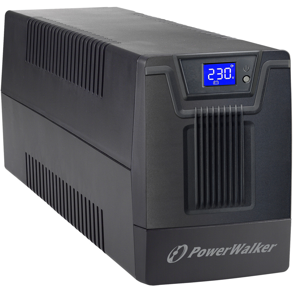 Black PowerWalker VI 1500 SCL Uninterruptible Power Supply with a digital display showing 230V, featuring a ribbed design and ventilation slots for cooling.
