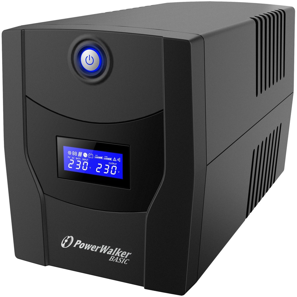 Black PowerWalker VI 1500 STL UPS with a blue power button, digital display showing voltage, and ventilation grilles on the side for cooling.