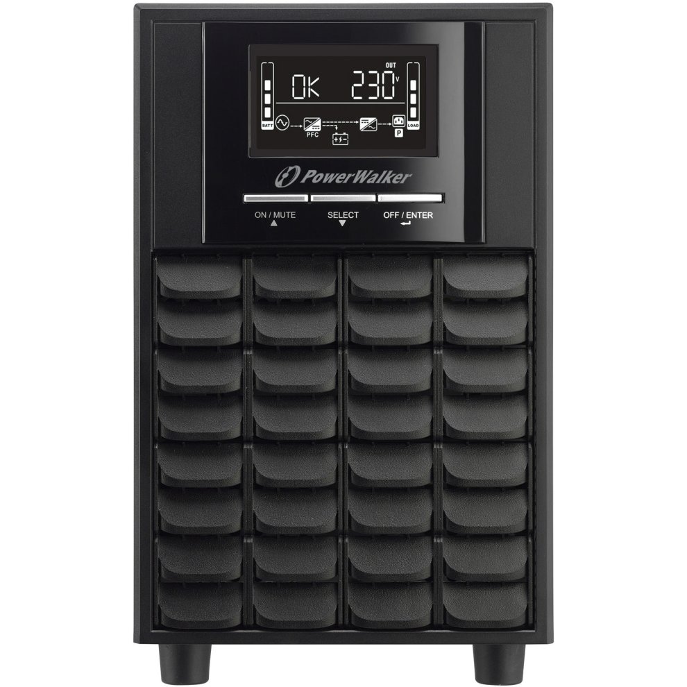 Black PowerWalker VI 2000 CW Uninterruptible Power Supply features a digital display, multiple status indicators, and a grid of ventilation slots for efficient cooling.