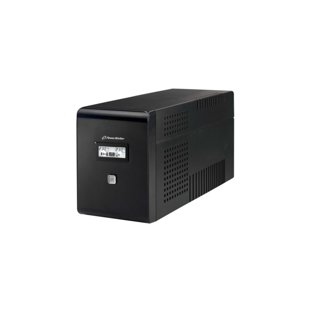 Black PowerWalker VI 2000 LCD Uninterruptible Power Supply with a sleek design, featuring a digital display, ventilation holes, and a compact structure for efficient power backup.