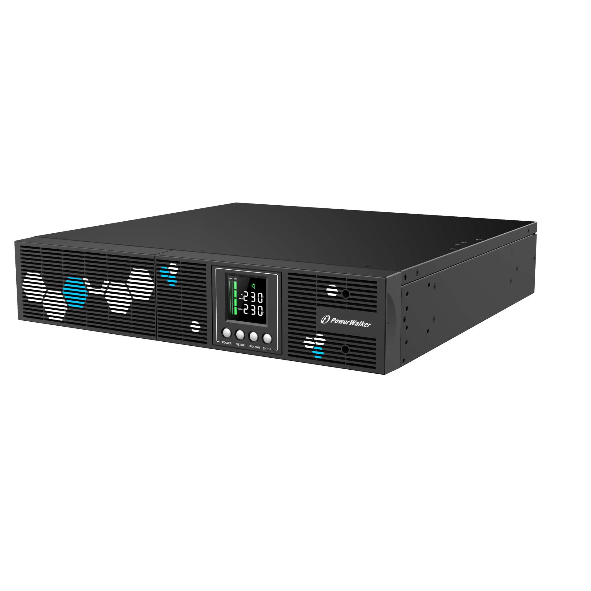 Black line-interactive UPS with a sleek design, featuring a digital display, multiple AC outlets, and ventilation grilles for cooling, suitable for 2 KVA and 1800 W power needs.