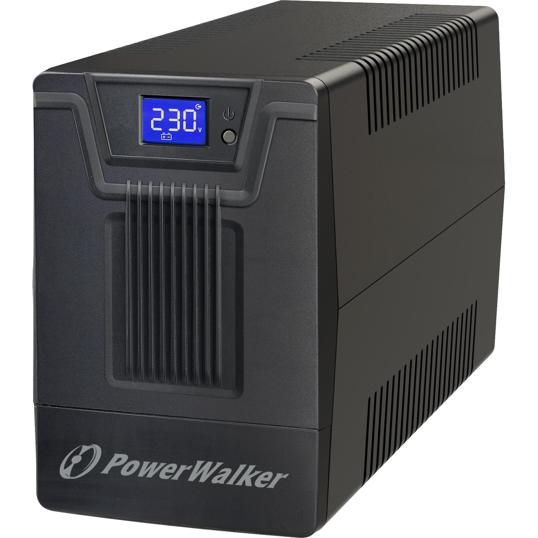 Black PowerWalker VI 2000 SCL UK Uninterruptible Power Supply with a digital display showing 230V, featuring a sleek design and ventilation grooves on the sides.