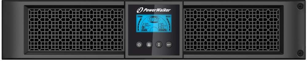 Black PowerWalker VI 2000RT LCD UPS with a blue LCD display, featuring ventilation grilles, control buttons, and a sleek, modern design for reliable power backup.