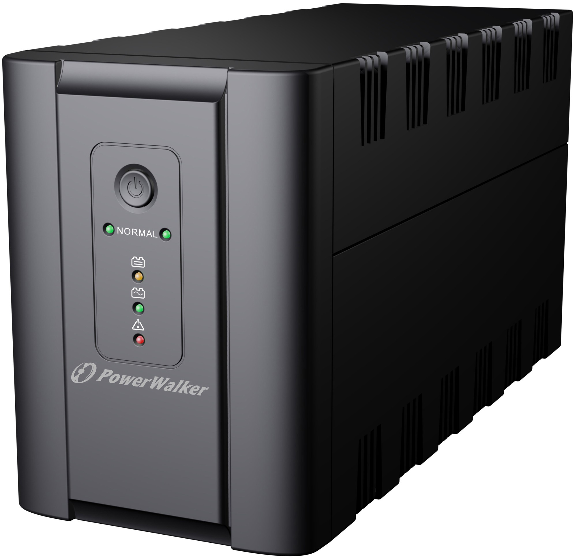 Black line-interactive UPS unit with a sleek design, featuring a power button and LED indicators for status, labeled "PowerWalker" on the front.