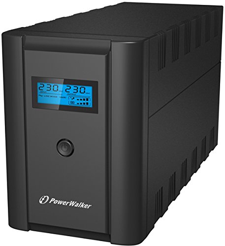 Black PowerWalker VI 2200 SHL Schuko Uninterruptible Power Supply with a digital display showing voltage, featuring a sleek design and multiple ventilation slots.