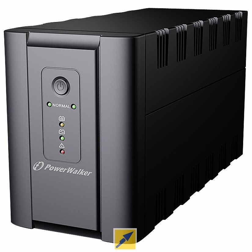 Black PowerWalker VI 2200 Uninterruptible Power Supply with a sleek design, featuring a power button and LED indicators for normal operation, battery status, and overload protection.