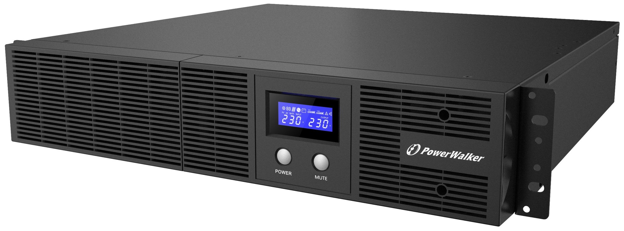 Black PowerWalker VI 3000 RLE UK UPS with a digital display showing power levels, front buttons for power and mute, and ventilation grilles on the sides.