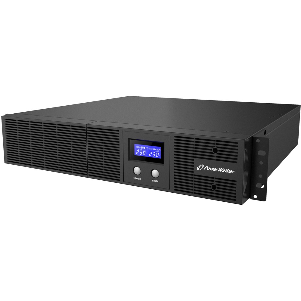 Black PowerWalker VI 3000 RLE UPS with a sleek design, featuring a digital display, two control buttons, and ventilation grilles on the front for efficient cooling.