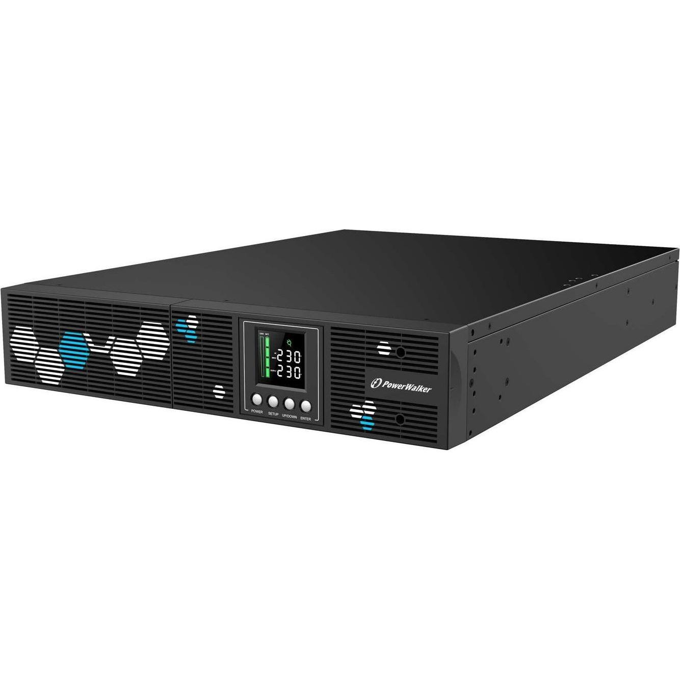 Black PowerWalker VI 3000 RLP UK Uninterruptible Power Supply with a digital display, LED indicators, and a sleek, modern design featuring hexagonal ventilation grilles.