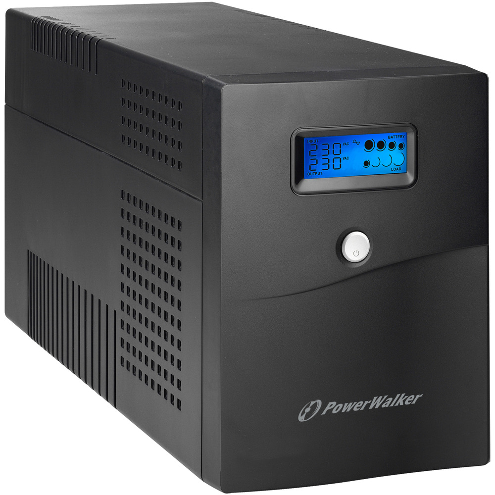 Black line-interactive UPS with a digital display, featuring a power button and ventilation slots, designed for 3000 VA capacity and 1800 W output.