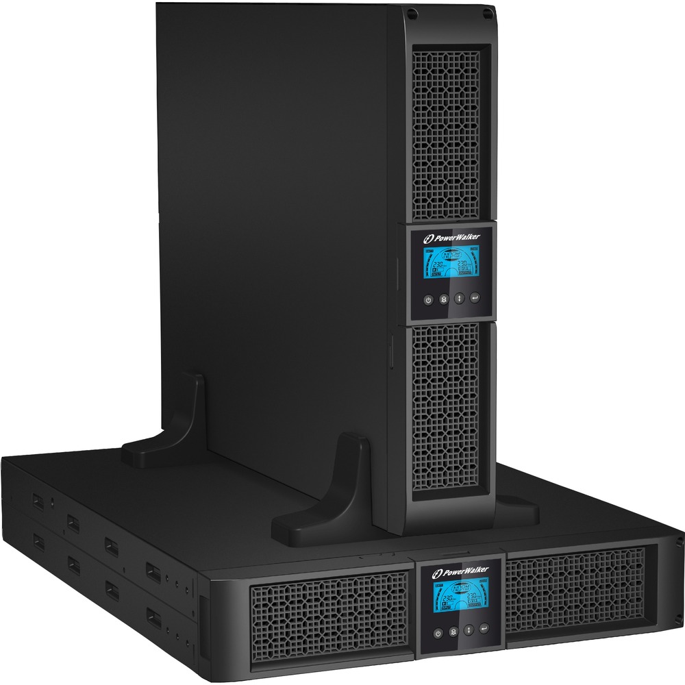 Black PowerWalker VI 3000RT LCD Uninterruptible Power Supply with a sleek design, featuring a digital display and ventilation grilles, designed for 3 KVA capacity.