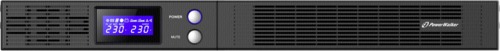 Black line-interactive UPS with a digital display, two buttons, and four AC outlets, featuring a sleek, modern design and ventilation grilles for efficient cooling.