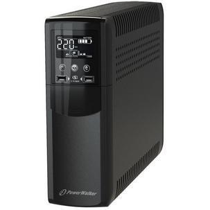 Black PowerWalker VI 600 CSW IEC Uninterruptible Power Supply with a digital display showing 220, multiple ports, and a sleek, vented design for efficient cooling.