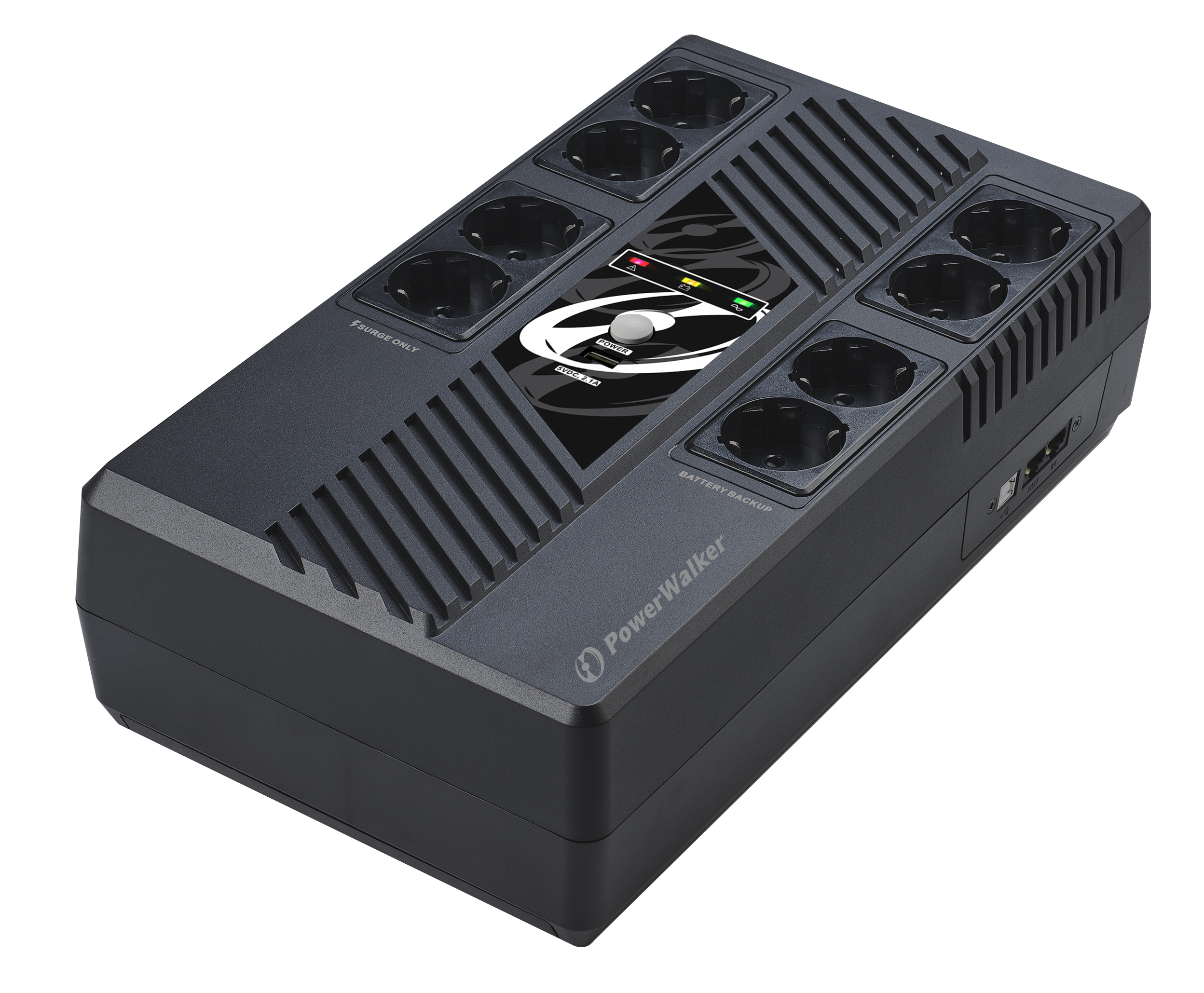 Black PowerWalker VI 600 MS FR Uninterruptible Power Supply featuring eight outlets, a sleek design with ventilation grooves, and a digital display for monitoring power status.
