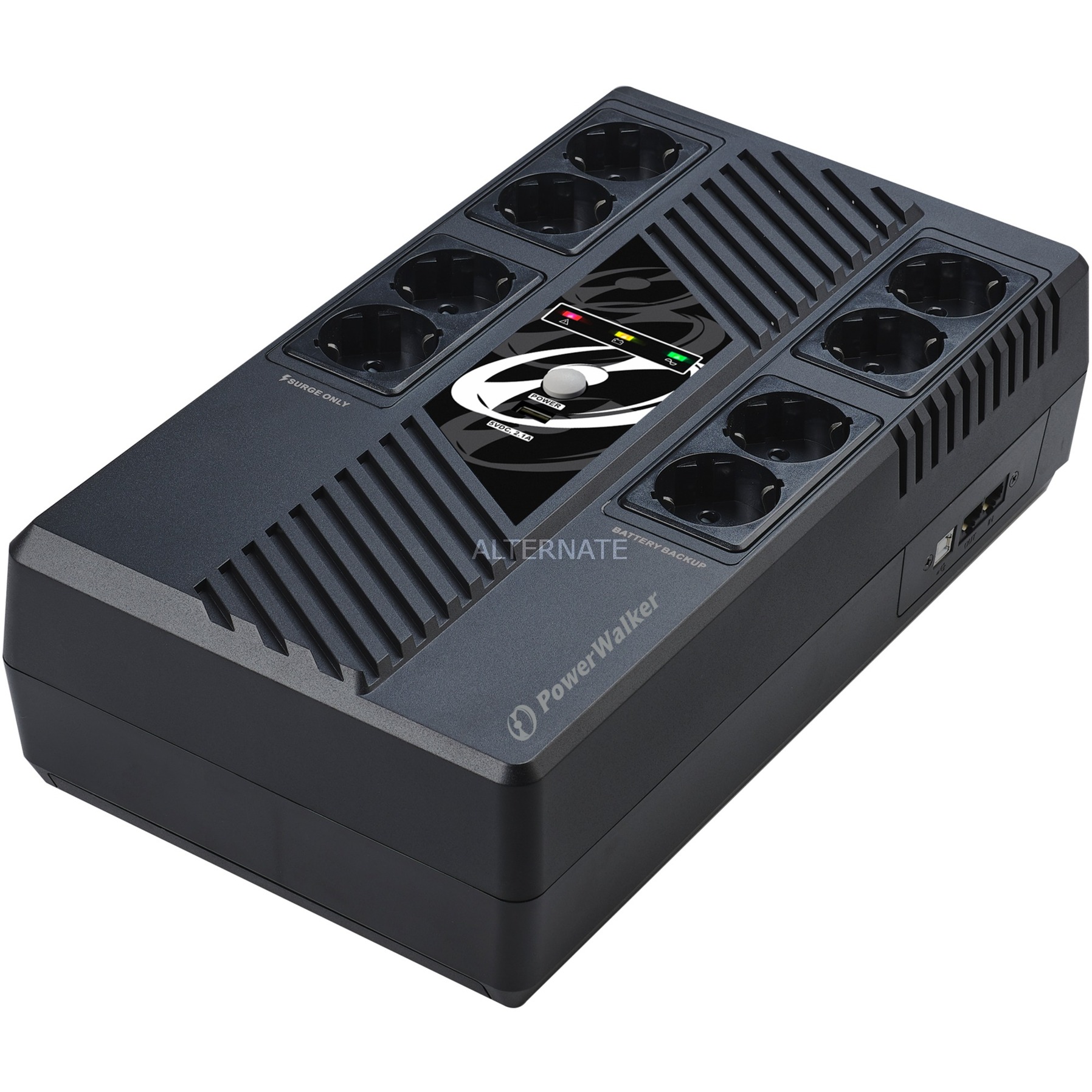 Black line-interactive UPS with 8 AC outlets, featuring a sleek design, LED indicators for power status, and a compact structure suitable for desktop use.