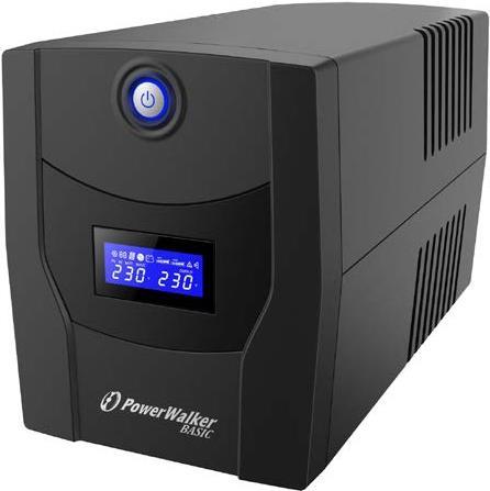 Black PowerWalker Basic VI 600 STL Line Interactive UPS with a blue power button and a digital display showing voltage, designed for 600VA / 360W capacity.