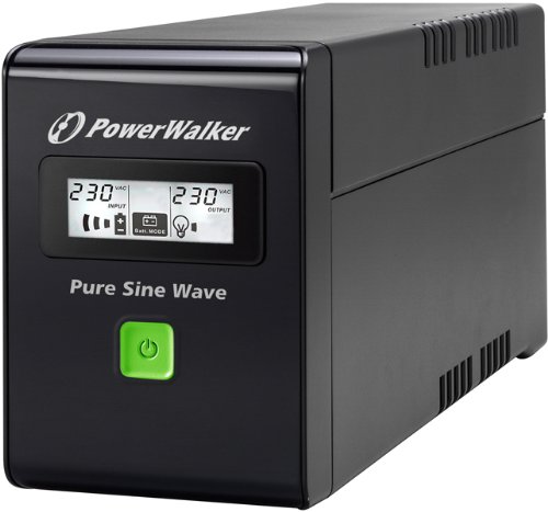 Black PowerWalker VI 600 SW Uninterruptible Power Supply with a digital display showing input/output voltage, a green power button, and ventilation slots on the side.
