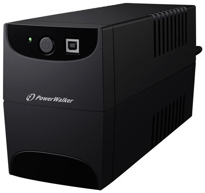 Black PowerWalker VI 650 SE Uninterruptible Power Supply (UPS) with a power button, USB port, and ventilation grilles on the top for cooling.