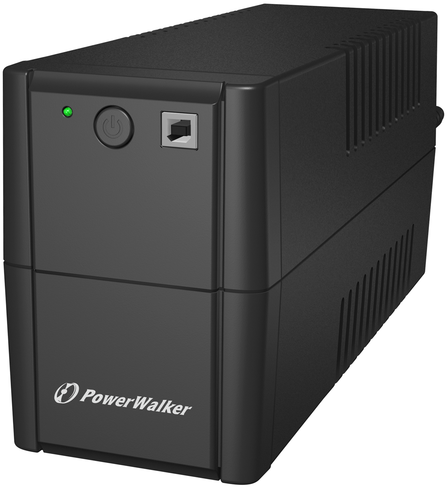 Black PowerWalker VI 650 IEC Line Interactive UPS with a power button, USB port, and ventilation slots, featuring a compact design and a capacity of 650VA / 360W.