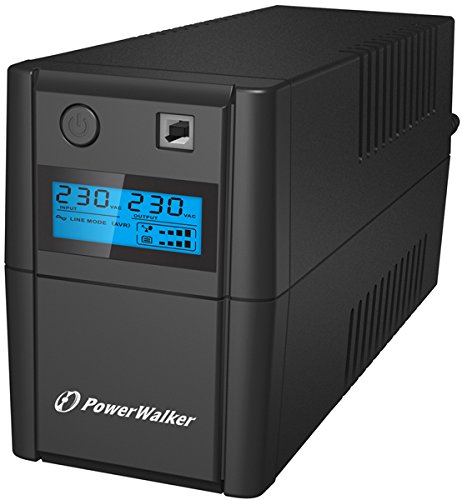 Black PowerWalker VI 650 SHL Schuko UPS with a digital display showing input and output voltage, featuring a power button and ventilation grilles on the side.