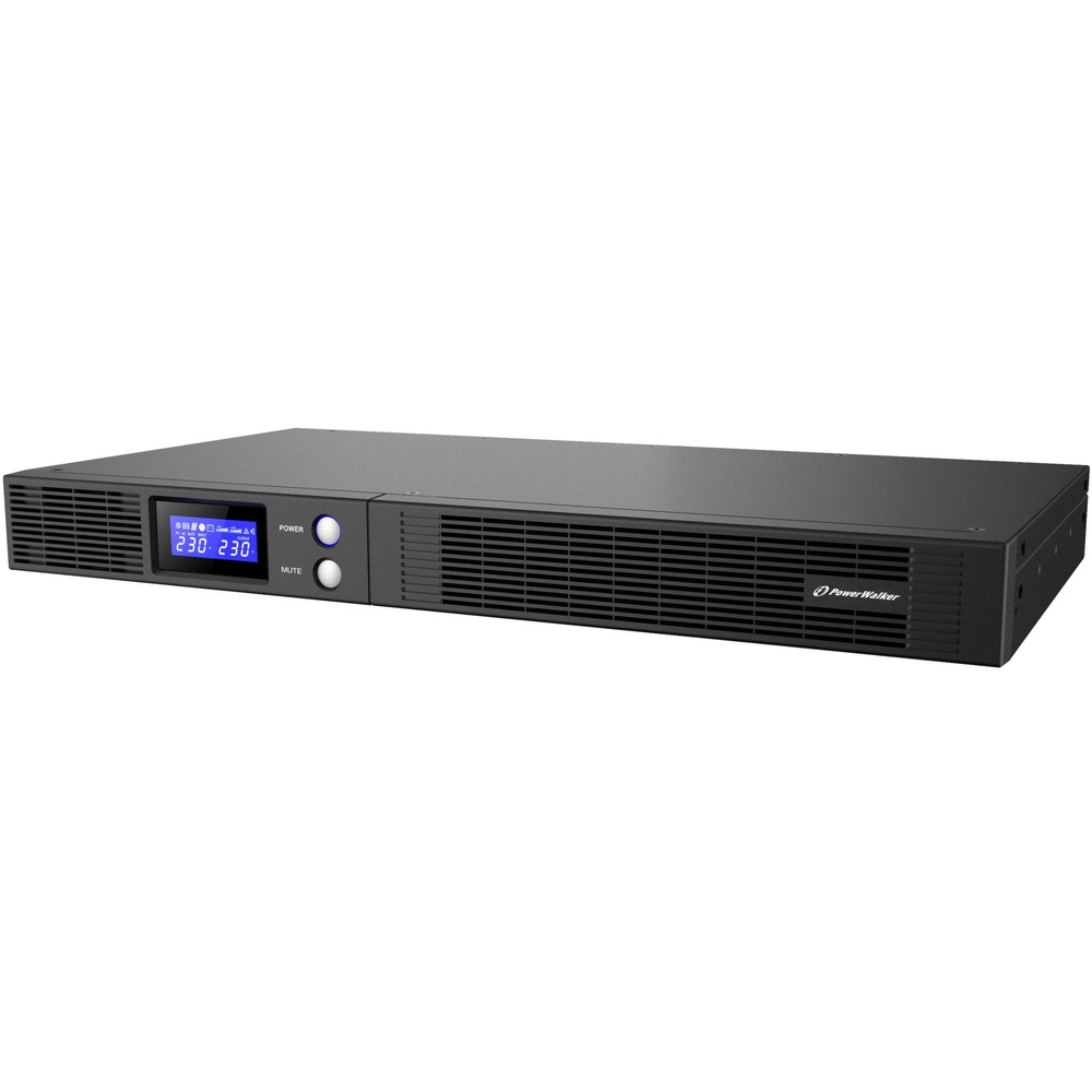 Black, sleek uninterruptible power supply with a digital display, two buttons, and ventilation grilles, designed for line-interactive performance.