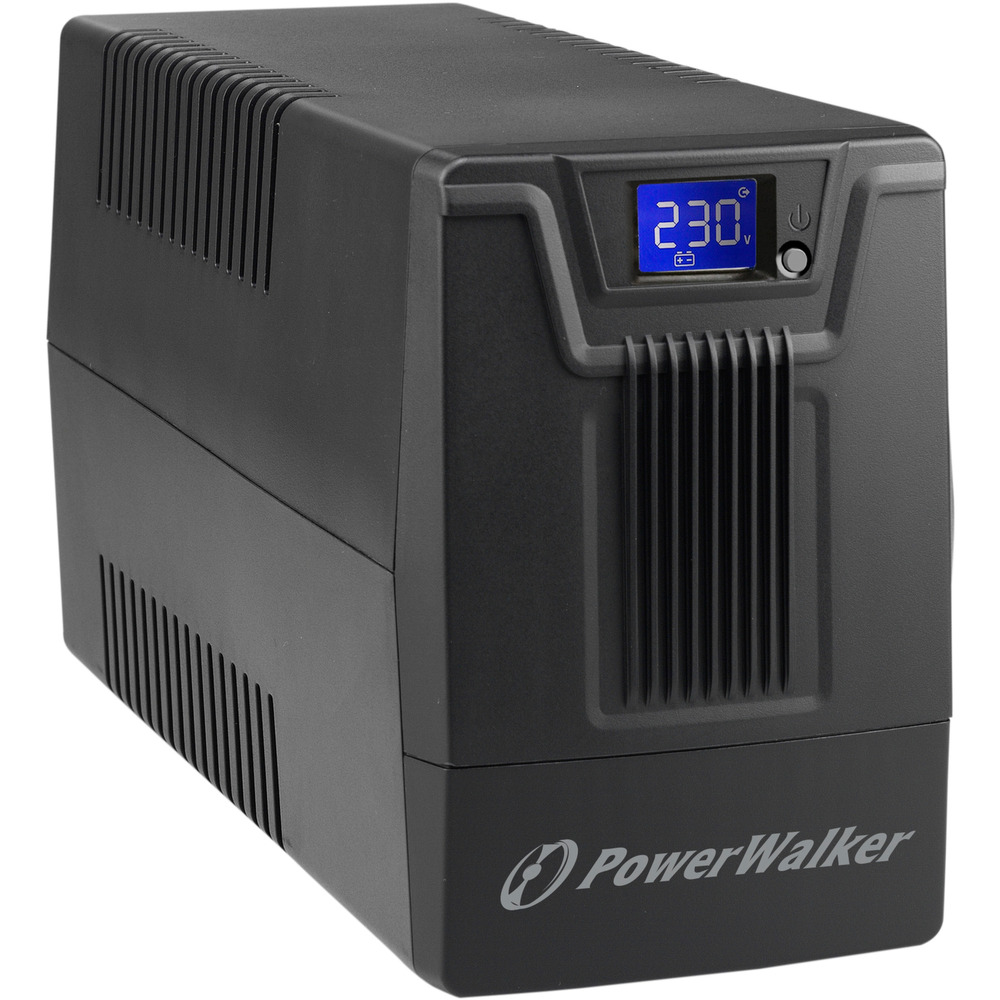 Black PowerWalker VI 800 SCL Uninterruptible Power Supply with a digital display showing 230, featuring ventilation slots and a sleek, compact design.