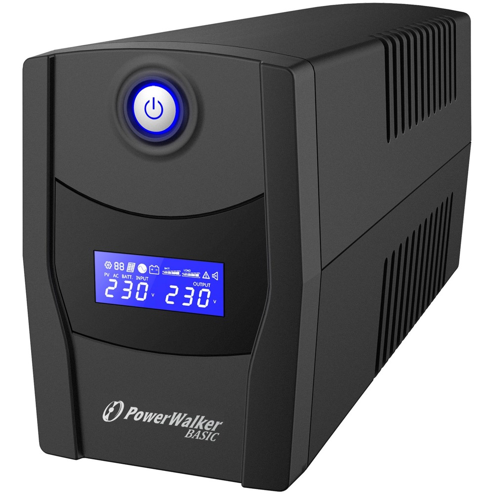 Black PowerWalker VI 800 STL Uninterruptible Power Supply with a blue power button, digital display showing output, and ventilation slits on the sides.