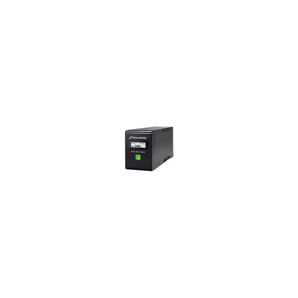 Black PowerWalker VI 800 SW Uninterruptible Power Supply featuring a digital display, green power indicator, and compact design, rated at 0.8 KVA and 480 W.