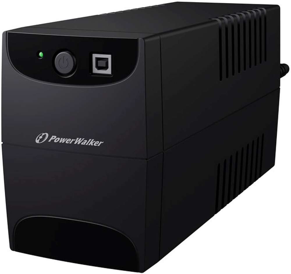 Black PowerWalker VI 850 SE/IEC Uninterruptible Power Supply with a power button, indicator light, and ventilation grilles, designed for reliable power backup.